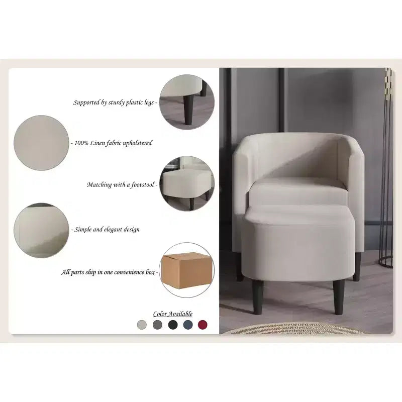 Poltrona e Pouf Accent in Lino – Cuscino in Schiuma, 5 Colori, Stile Moderno