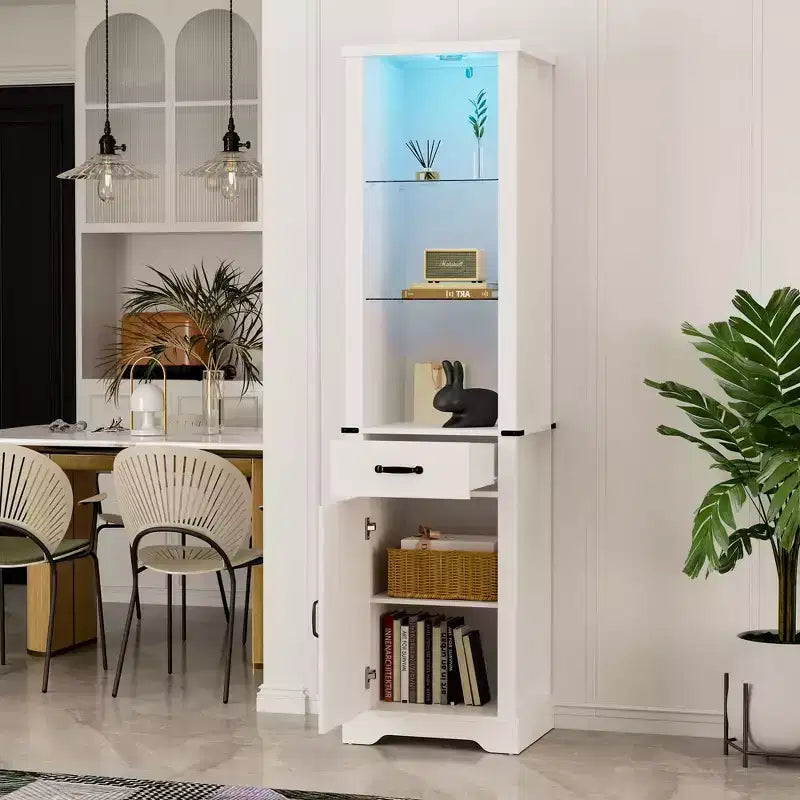 Heynemo 75'' Tall Storage Cabinet with LED Light, Farmhouse Pantry Cabinet with Tempered Glass Adjustable Shelves & Barn Door