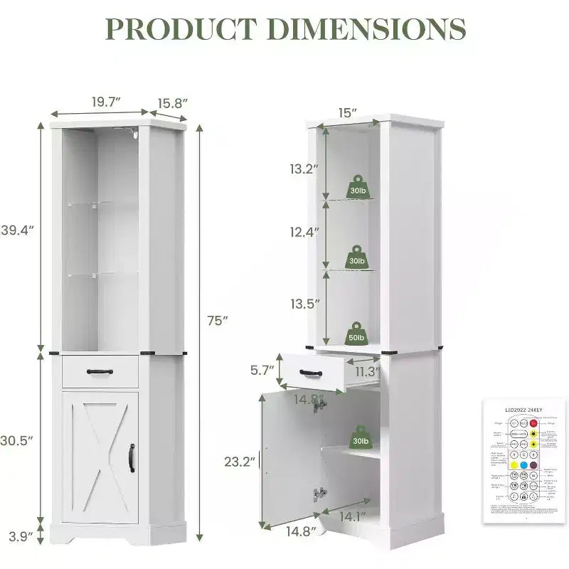 Dispensa a colonna in stile rustico alta 190 cm con luce a LED, anta scorrevole a granaio e ripiani in vetro temperato