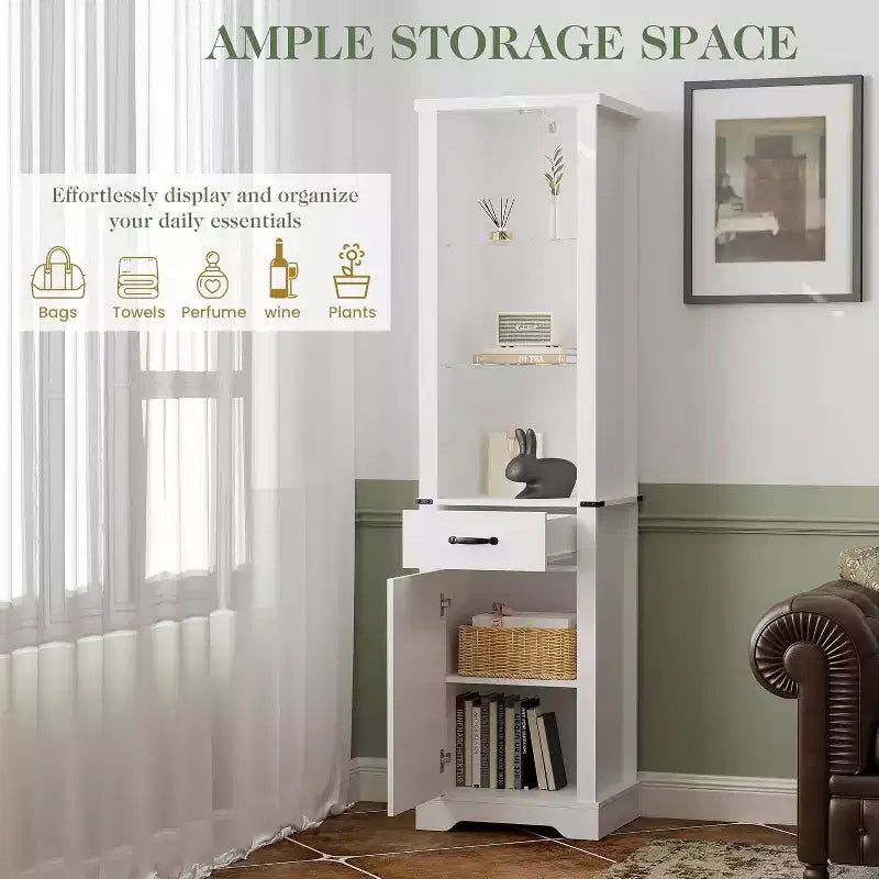 Dispensa a colonna in stile rustico alta 190 cm con luce a LED, anta scorrevole a granaio e ripiani in vetro temperato