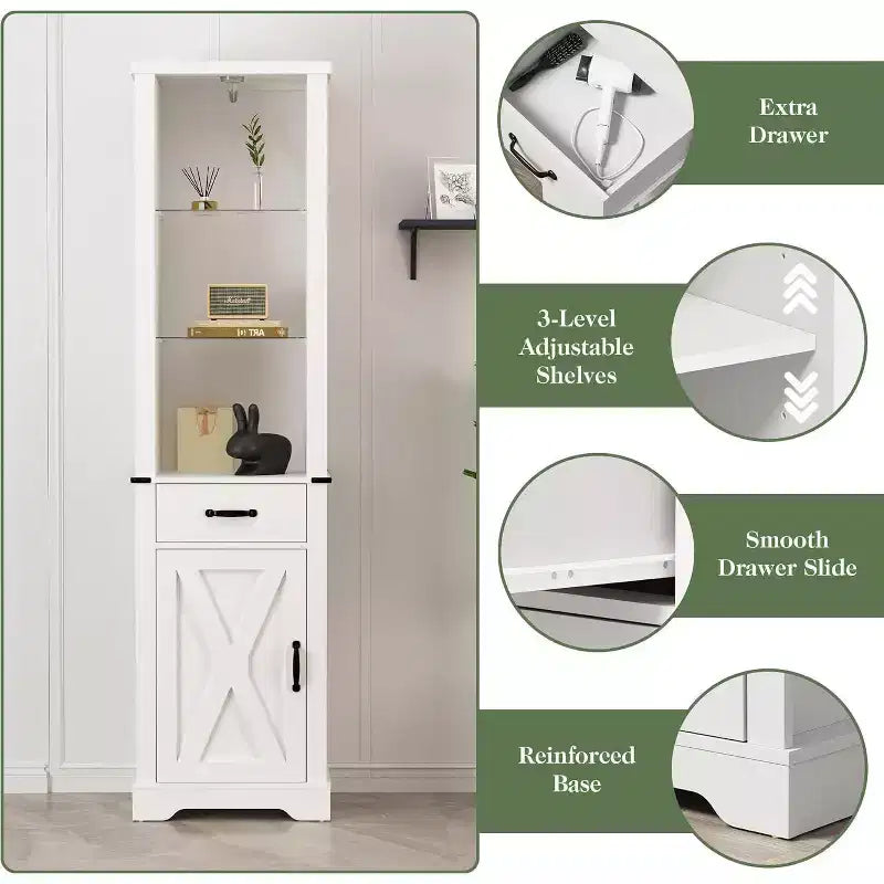 Dispensa a colonna in stile rustico alta 190 cm con luce a LED, anta scorrevole a granaio e ripiani in vetro temperato