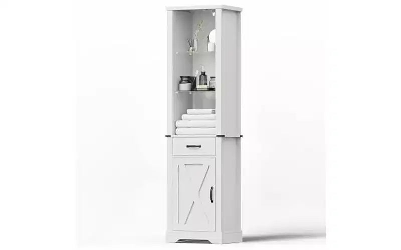 Dispensa a colonna in stile rustico alta 190 cm con luce a LED, anta scorrevole a granaio e ripiani in vetro temperato