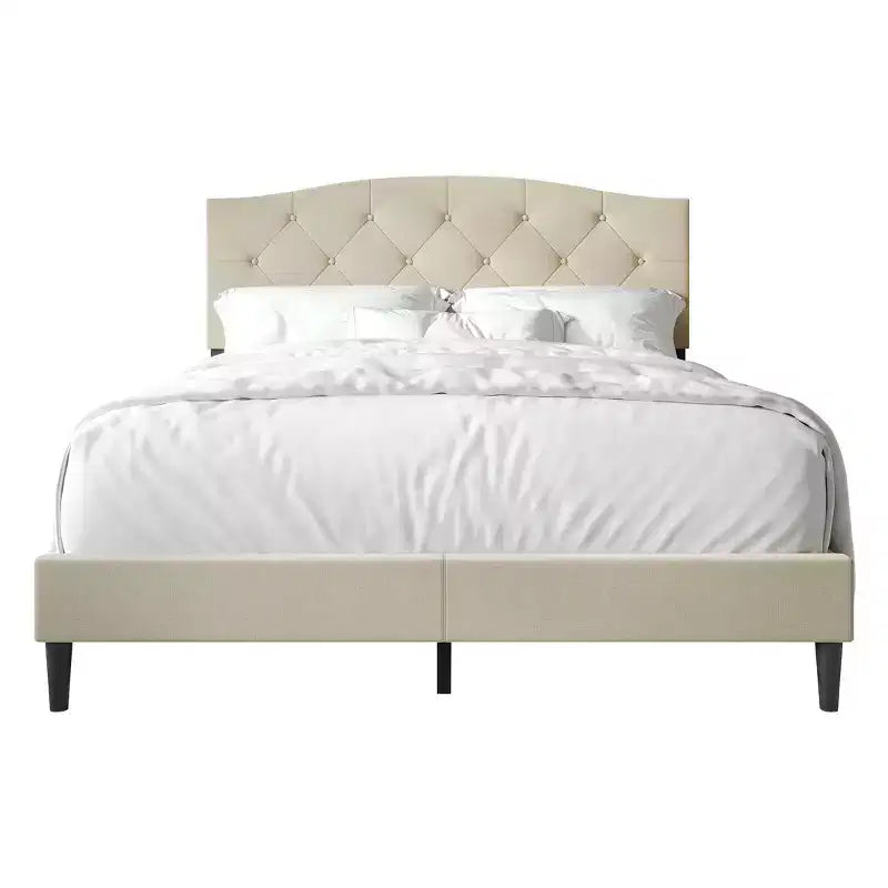 Letto a piattaforma King Size – Testiera Camelback, trapuntatura capitonné a diamante, capacità 272 kg