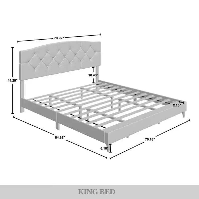Letto a piattaforma King Size – Testiera Camelback, trapuntatura capitonné a diamante, capacità 272 kg