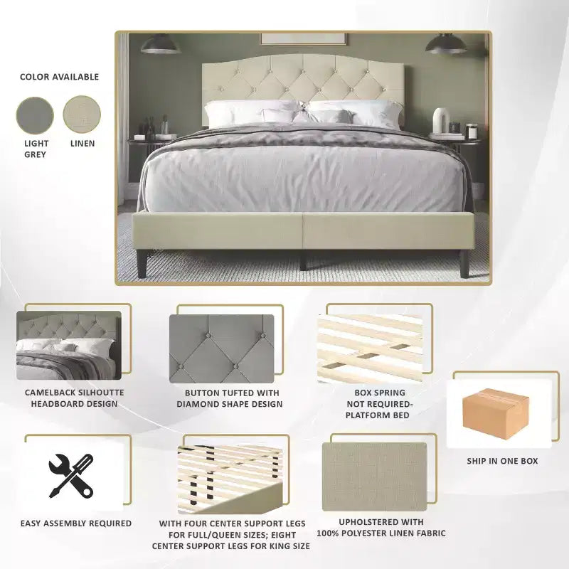 Letto a piattaforma King Size – Testiera Camelback, trapuntatura capitonné a diamante, capacità 272 kg