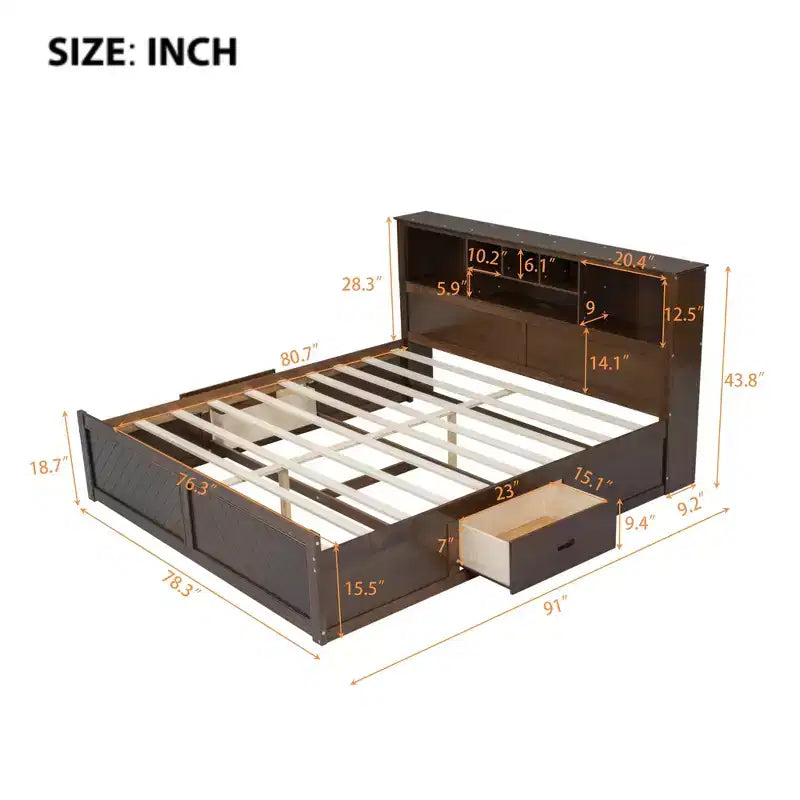 Letto matrimoniale king-size con piattaforma in legno, testiera con vano contenitore, ricarica USB e cassetti