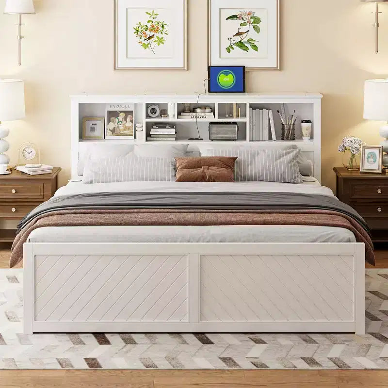Letto matrimoniale king-size con piattaforma in legno, testiera con vano contenitore, ricarica USB e cassetti