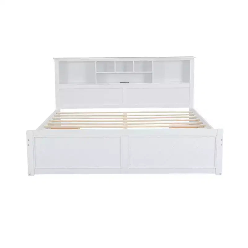 Letto matrimoniale king-size con piattaforma in legno, testiera con vano contenitore, ricarica USB e cassetti