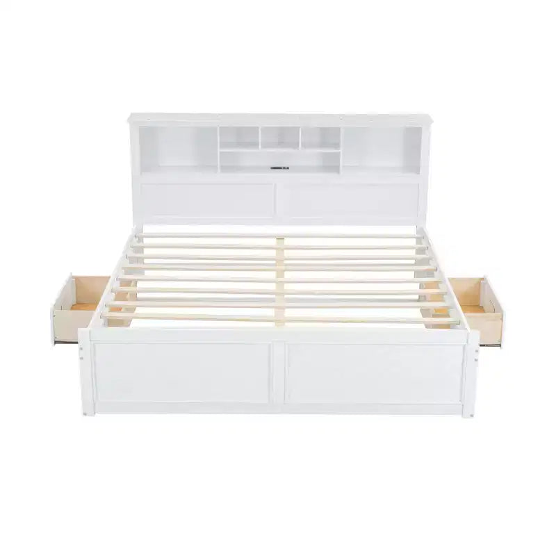 Letto matrimoniale king-size con piattaforma in legno, testiera con vano contenitore, ricarica USB e cassetti