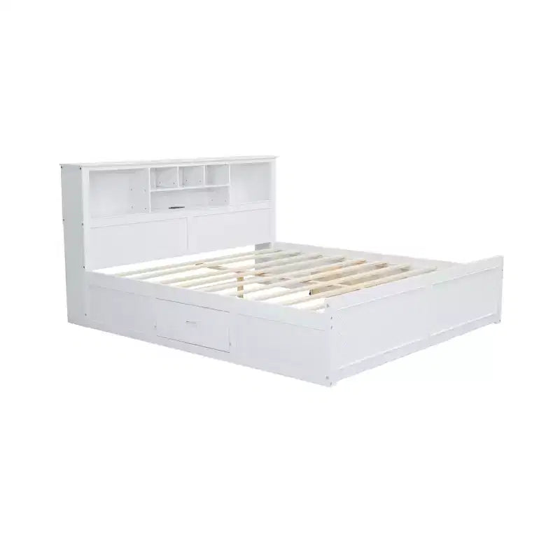 Letto matrimoniale king-size con piattaforma in legno, testiera con vano contenitore, ricarica USB e cassetti