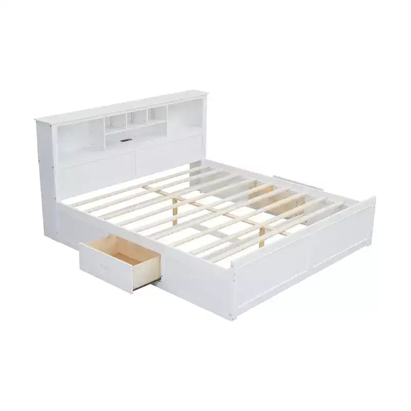 Letto matrimoniale king-size con piattaforma in legno, testiera con vano contenitore, ricarica USB e cassetti