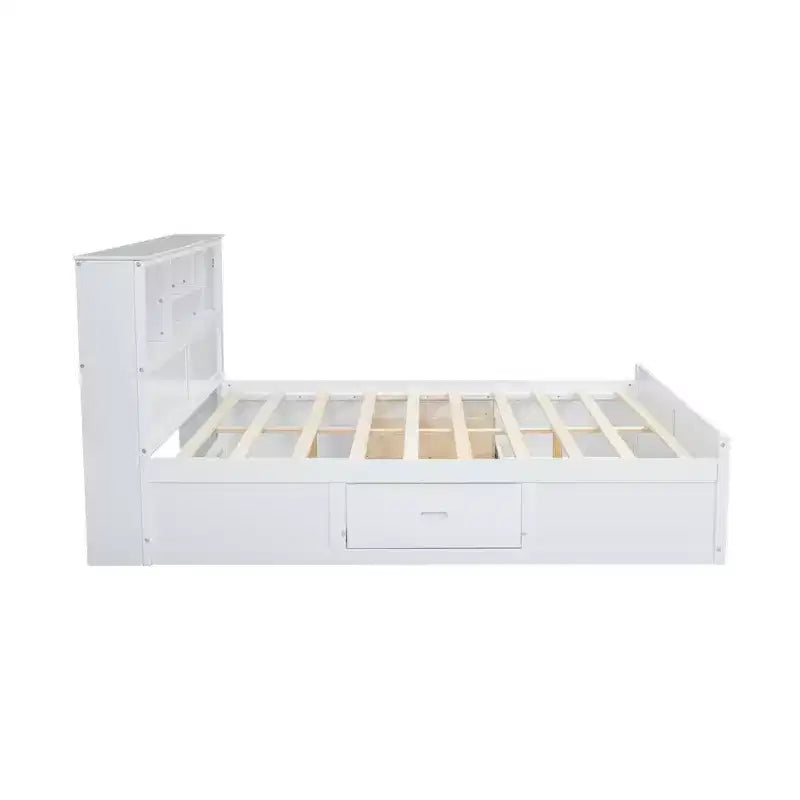 Letto matrimoniale king-size con piattaforma in legno, testiera con vano contenitore, ricarica USB e cassetti
