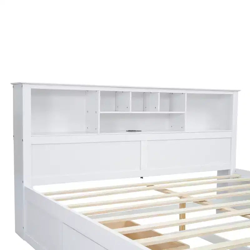 Letto matrimoniale king-size con piattaforma in legno, testiera con vano contenitore, ricarica USB e cassetti