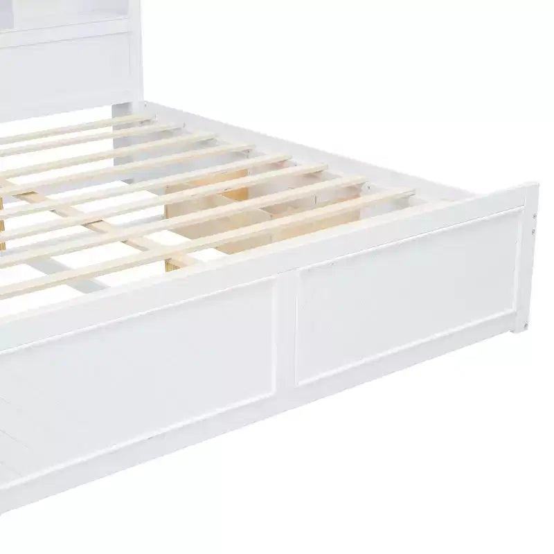 Letto matrimoniale king-size con piattaforma in legno, testiera con vano contenitore, ricarica USB e cassetti