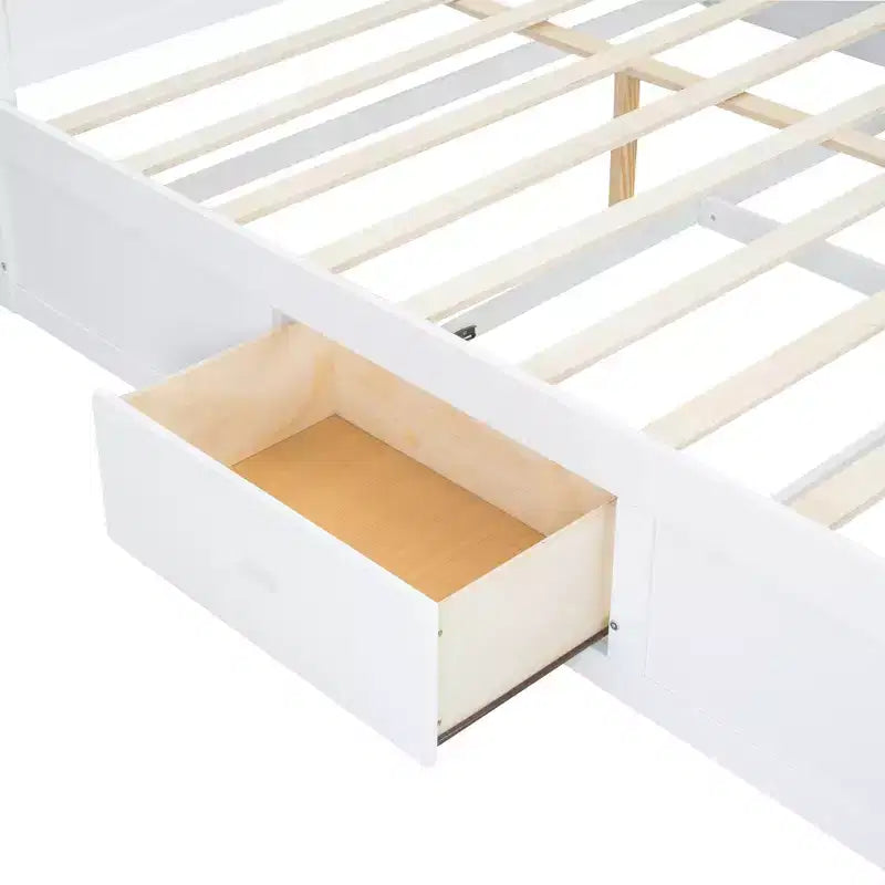 Letto matrimoniale king-size con piattaforma in legno, testiera con vano contenitore, ricarica USB e cassetti