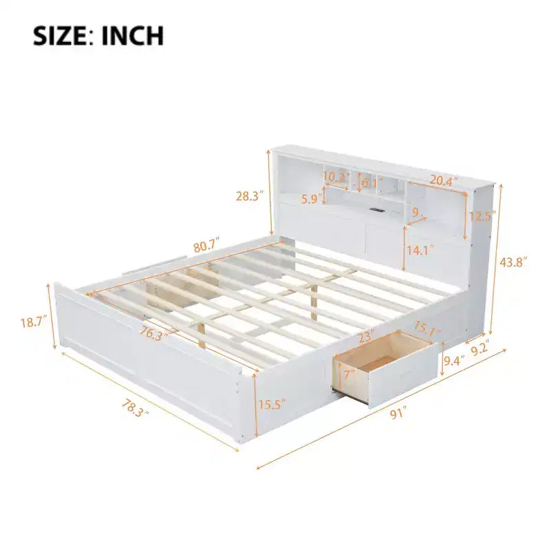 Letto matrimoniale king-size con piattaforma in legno, testiera con vano contenitore, ricarica USB e cassetti