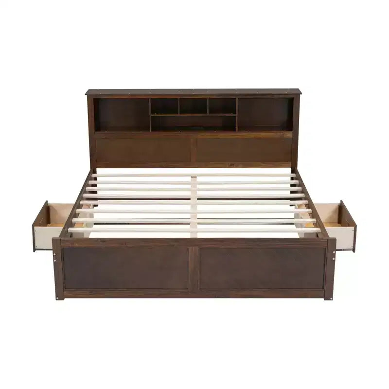 Letto matrimoniale king-size con piattaforma in legno, testiera con vano contenitore, ricarica USB e cassetti