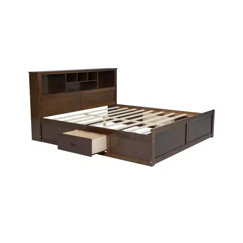 Letto matrimoniale king-size con piattaforma in legno, testiera con vano contenitore, ricarica USB e cassetti