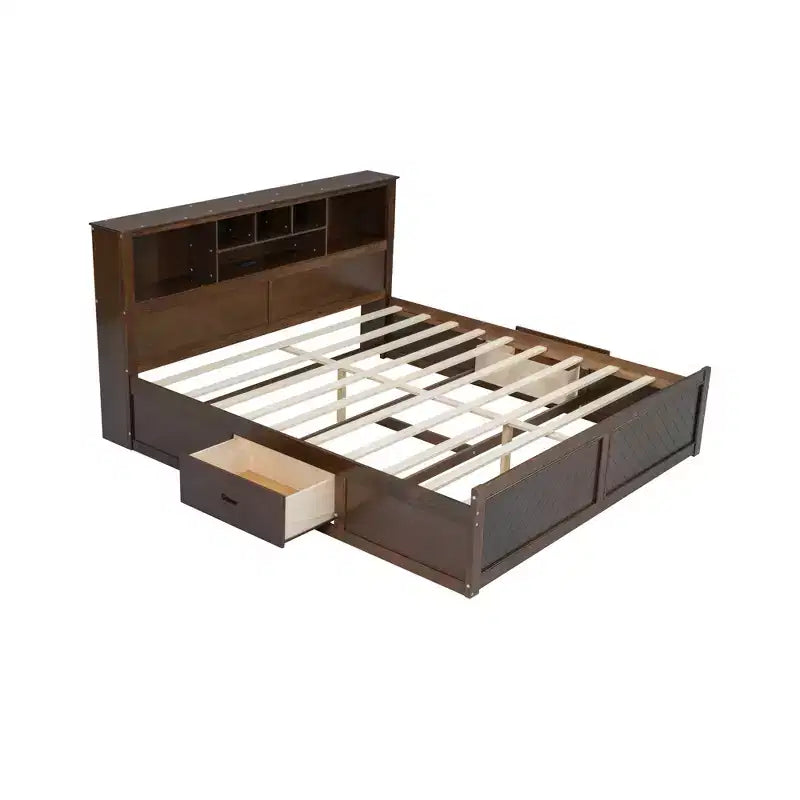 Letto matrimoniale king-size con piattaforma in legno, testiera con vano contenitore, ricarica USB e cassetti