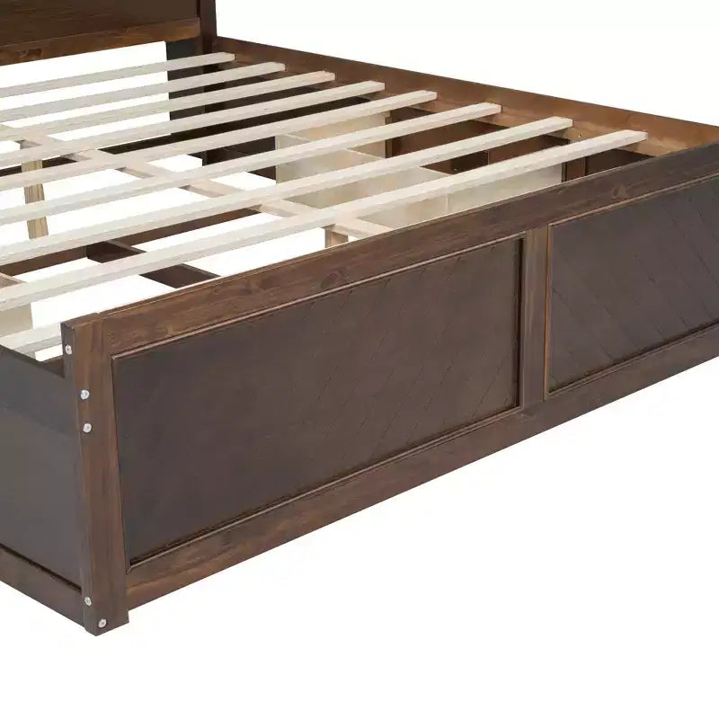 Letto matrimoniale king-size con piattaforma in legno, testiera con vano contenitore, ricarica USB e cassetti