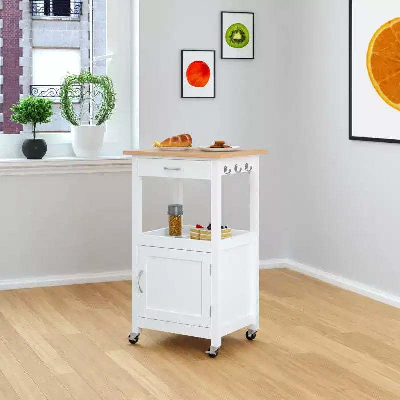 Carrello da Cucina con Isola, Cassetto, Armadietto e Piano in Legno Massello