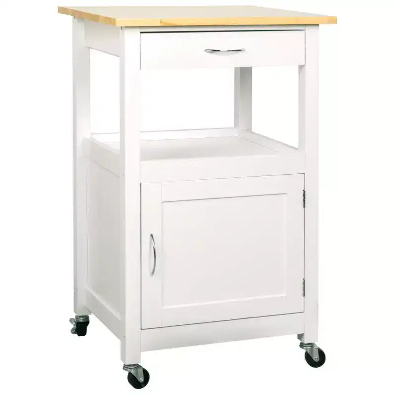 Carrello da Cucina con Isola, Cassetto, Armadietto e Piano in Legno Massello