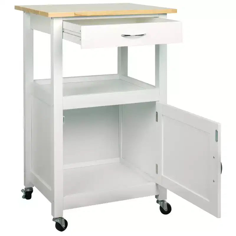 Carrello da Cucina con Isola, Cassetto, Armadietto e Piano in Legno Massello