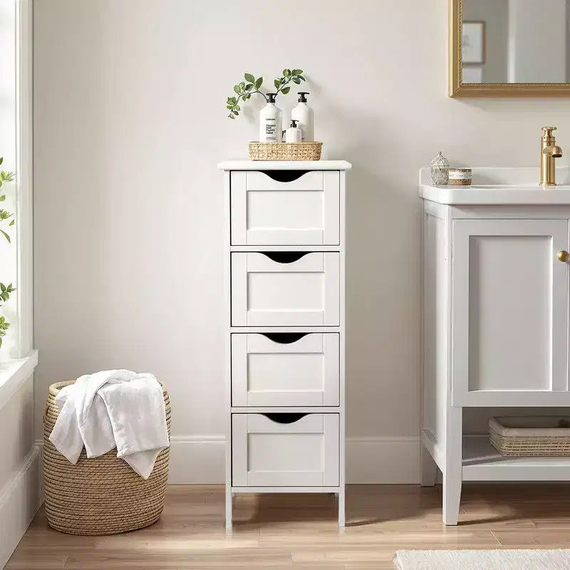 Mobile Bagno a Colonna con 4 Cassetti – Bianco, Salvaspazio e Stretto