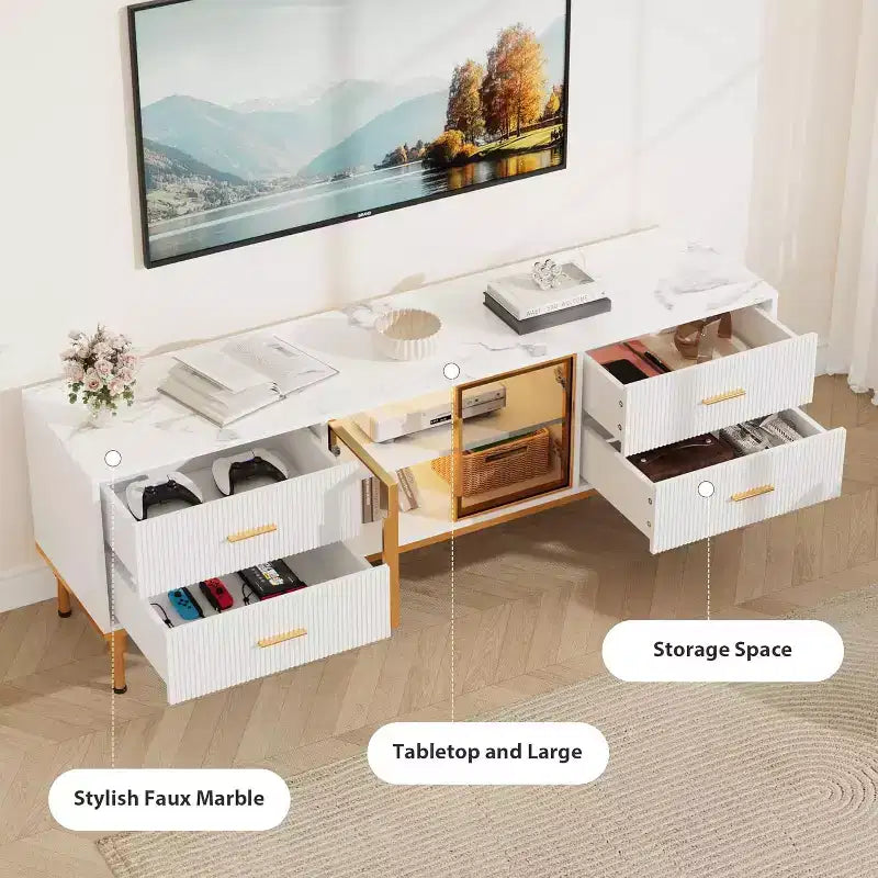 Mobile TV da 65 pollici con luci a LED, centro di intrattenimento moderno per TV fino a 75 pollici, ante in vetro, motivo a onda, 4 cassetti, per soggiorno