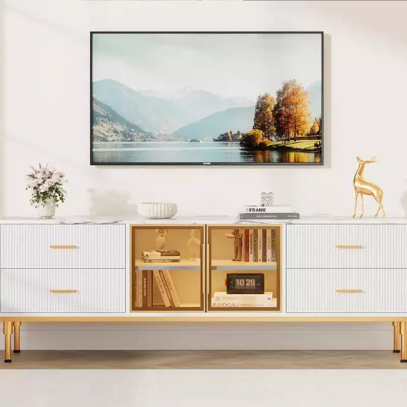 Mobile TV da 65 pollici con luci a LED, centro di intrattenimento moderno per TV fino a 75 pollici, ante in vetro, motivo a onda, 4 cassetti, per soggiorno