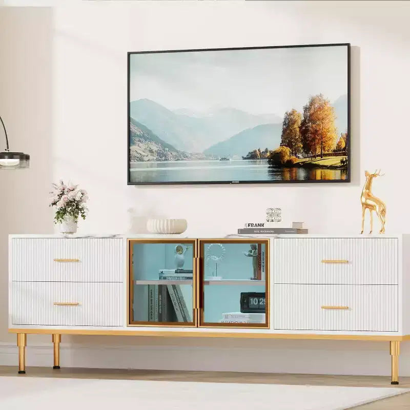 Mobile TV da 65 pollici con luci a LED, centro di intrattenimento moderno per TV fino a 75 pollici, ante in vetro, motivo a onda, 4 cassetti, per soggiorno