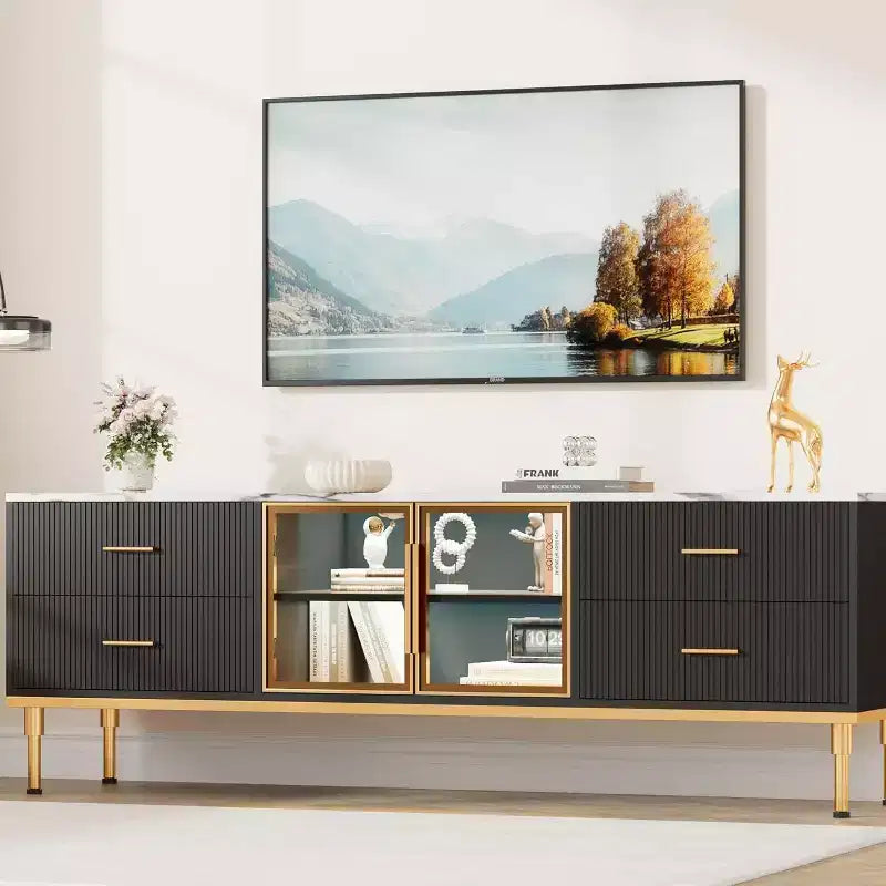 Mobile TV da 65 pollici con luci a LED, centro di intrattenimento moderno per TV fino a 75 pollici, ante in vetro, motivo a onda, 4 cassetti, per soggiorno