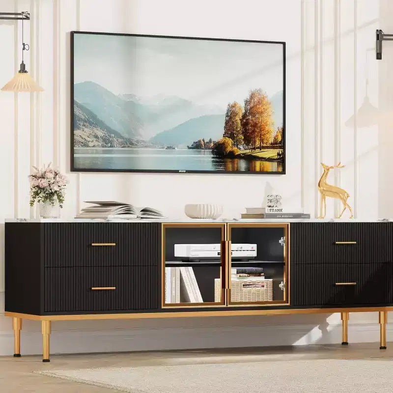 Mobile TV da 65 pollici con luci a LED, centro di intrattenimento moderno per TV fino a 75 pollici, ante in vetro, motivo a onda, 4 cassetti, per soggiorno