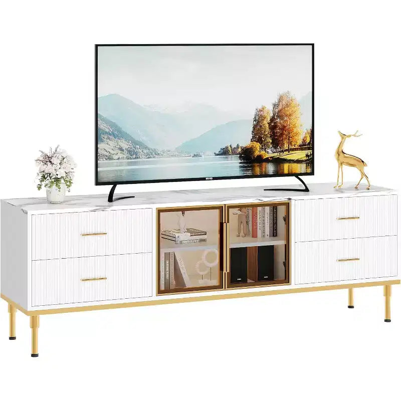 Mobile TV da 65 pollici con luci a LED, centro di intrattenimento moderno per TV fino a 75 pollici, ante in vetro, motivo a onda, 4 cassetti, per soggiorno