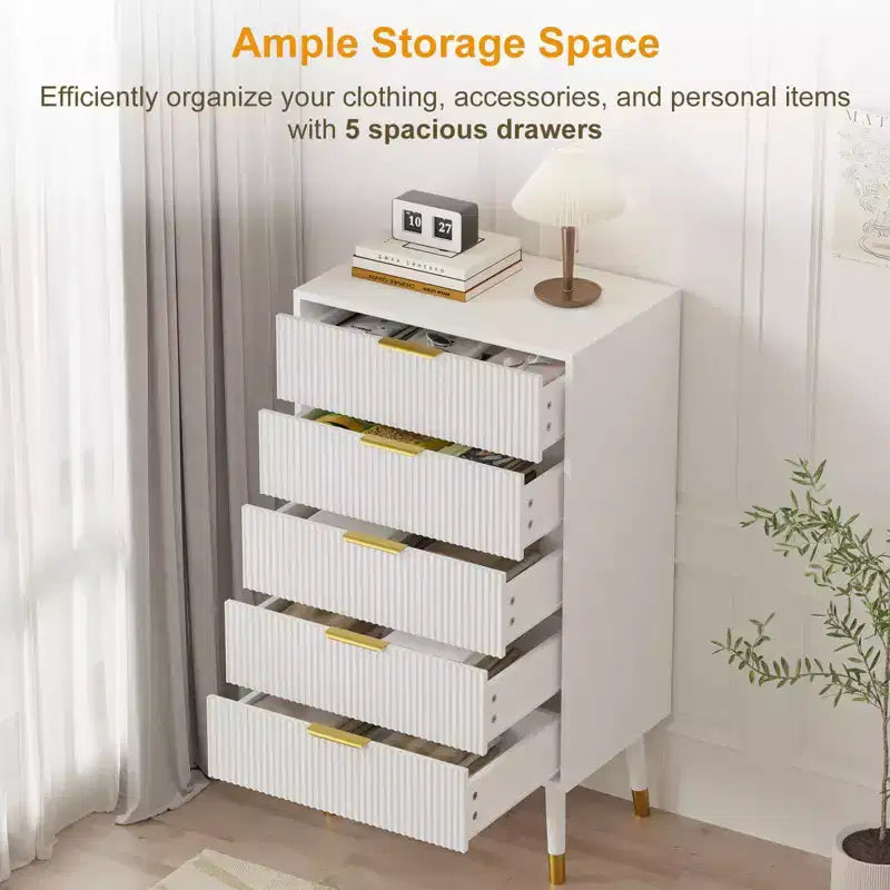 Cassettiera a 5 cassetti con spazio contenitivo, Comodino con maniglie in metallo, Comodino moderno minimalista, Mobiletto organizer per soggiorno, camera da letto, corridoio