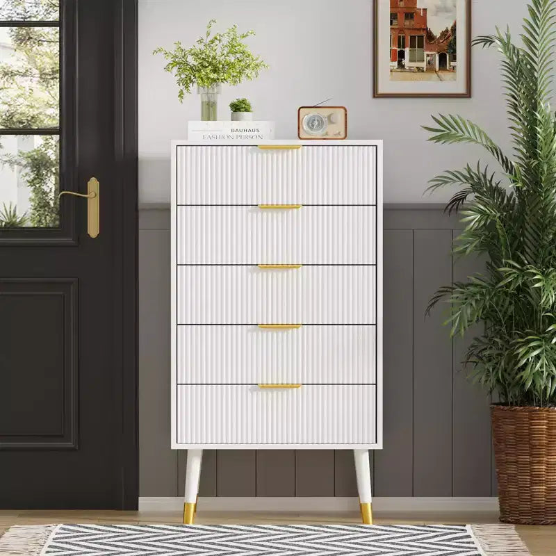 5 Drawer Dresser With Storage, Chest of Drawers With Metal Handles, Modern Minimalist Nightstand, Organizer Cabinet for Living Room, Bedroom, Hallway
