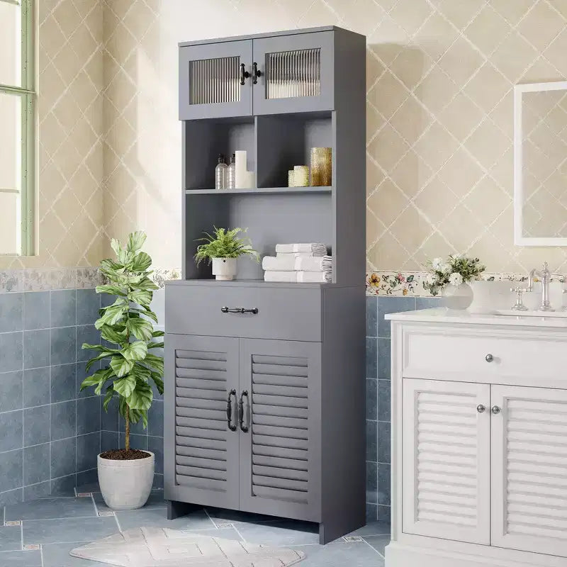 Hyleory Modern 63 Bathroom Vanity with Smart Storage - Frosted Glass Upper Cabinet, Ventilated Base, Soft-Close Drawer and Open Shelves