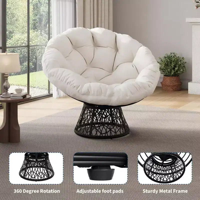 Sedia a dondolo oversize per patio, in rattan intrecciato a mano, sedia ergonomica in vimini, telaio in acciaio resistente, base girevole a 360°, per soggiorno, camera da letto