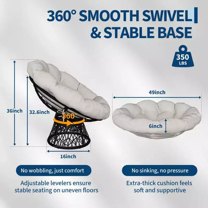 Sedia a dondolo oversize per patio, in rattan intrecciato a mano, sedia ergonomica in vimini, telaio in acciaio resistente, base girevole a 360°, per soggiorno, camera da letto