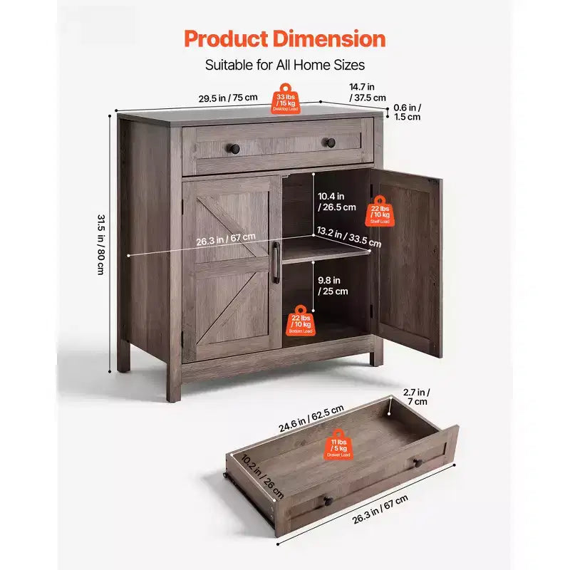 Mobile credenza da caffè da fattoria con cassetto e 2 ante a scorrimento, 75x37.5x80 cm, Grigio