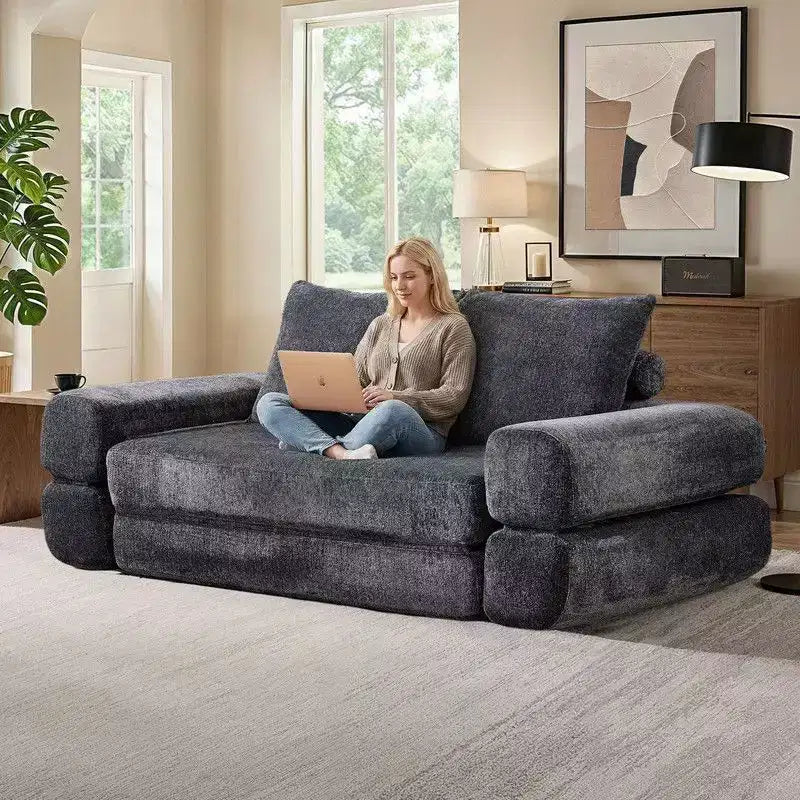 Divano Letto Convertibile Moderno in ciniglia Queen Size con Schienale Diviso