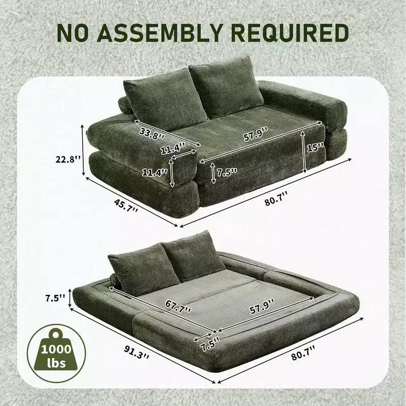 Divano Letto Convertibile Moderno in ciniglia Queen Size con Schienale Diviso