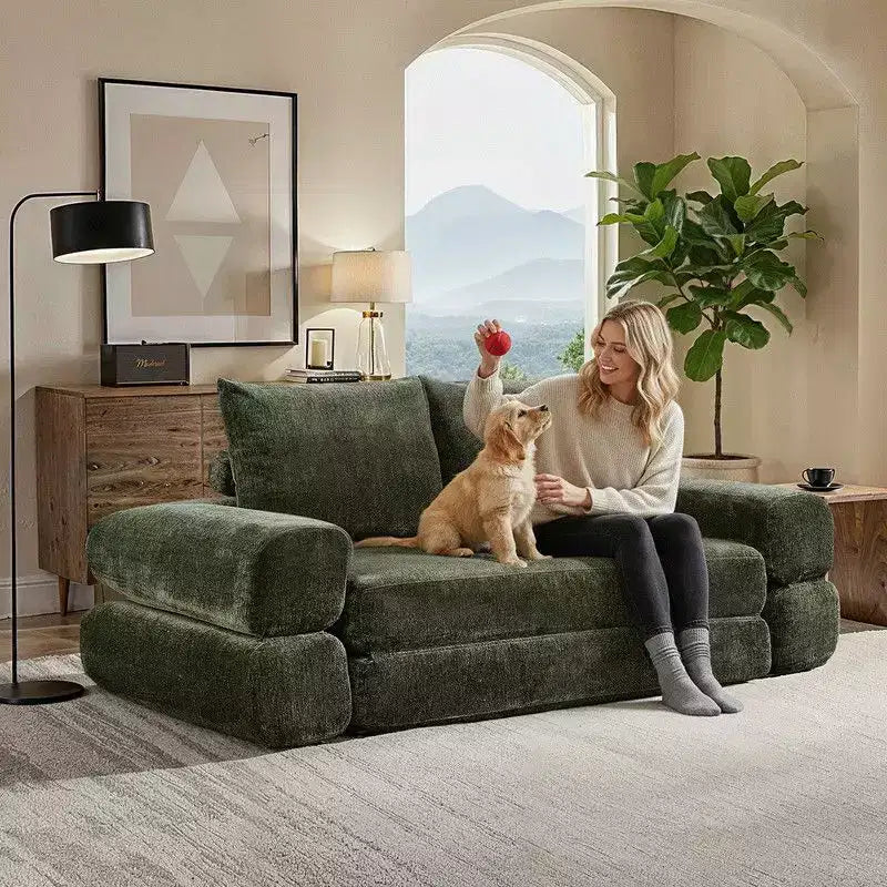 Divano Letto Convertibile Moderno in ciniglia Queen Size con Schienale Diviso