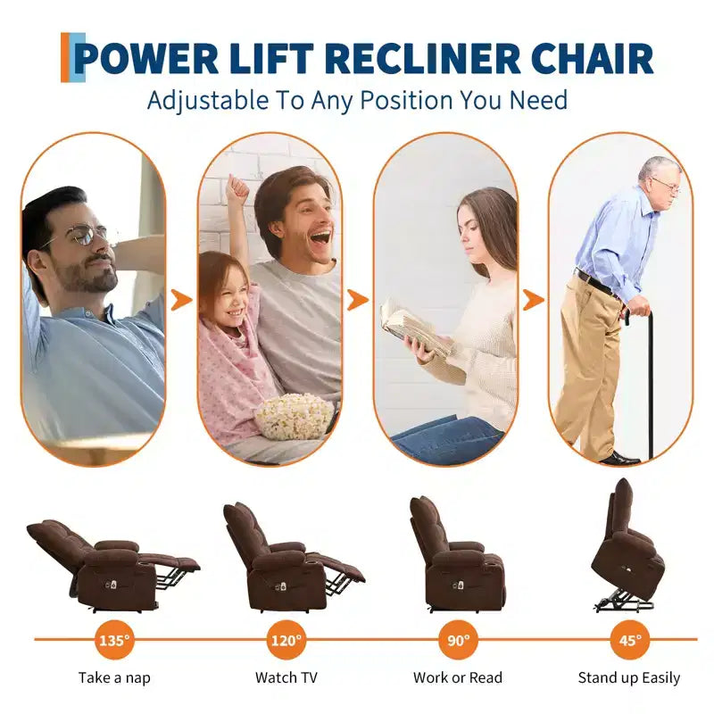 Poltrona reclinabile Power Lift, poltrona reclinabile elettrica massaggiante e riscaldante con funzione alzata assistita a 45°, con morbida imbottitura, tasca laterale e portabicchieri