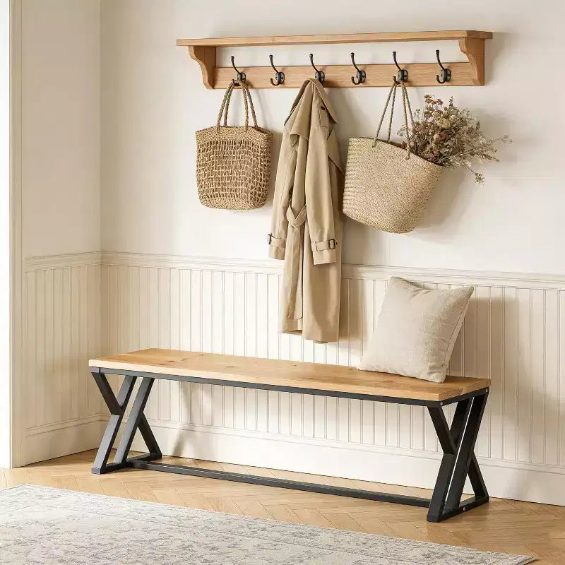 Panca da ingresso in legno massello da 55" con gambe in metallo – Seduta rustica industriale da interno