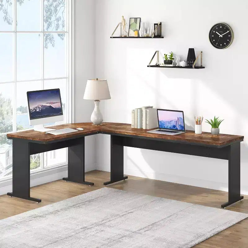 Scrivania a L reversibile da 83 pollici – Workstation angolare moderna per computer, Marrone
