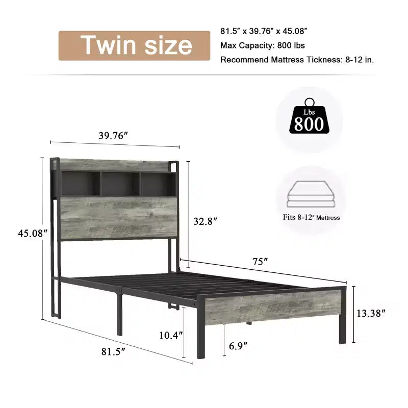Letto a piattaforma singolo/matrimoniale con contenitore e testiera, Struttura letto a piattaforma in legno con stazione di ricarica, Grigio Antico