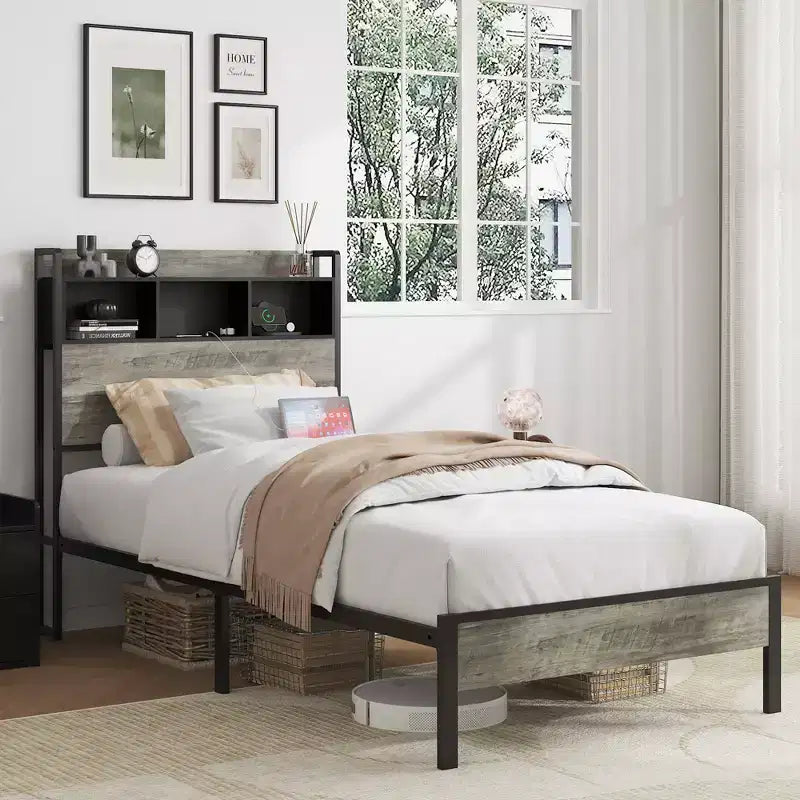 Letto a piattaforma singolo/matrimoniale con contenitore e testiera, Struttura letto a piattaforma in legno con stazione di ricarica, Grigio Antico