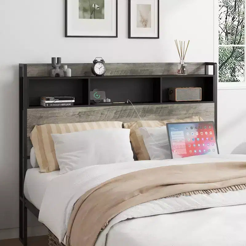Letto a piattaforma singolo/matrimoniale con contenitore e testiera, Struttura letto a piattaforma in legno con stazione di ricarica, Grigio Antico