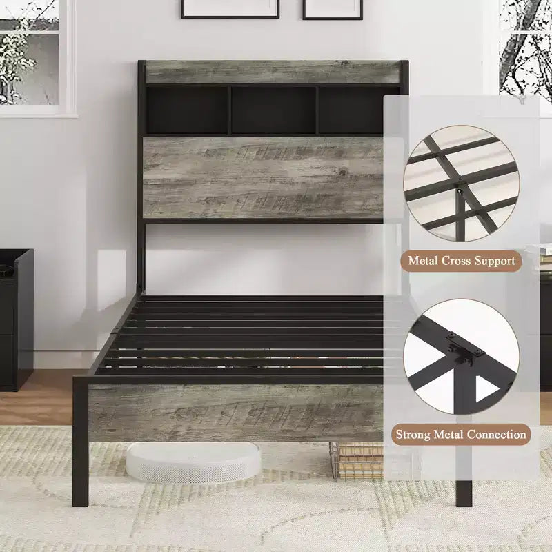 Letto a piattaforma singolo/matrimoniale con contenitore e testiera, Struttura letto a piattaforma in legno con stazione di ricarica, Grigio Antico